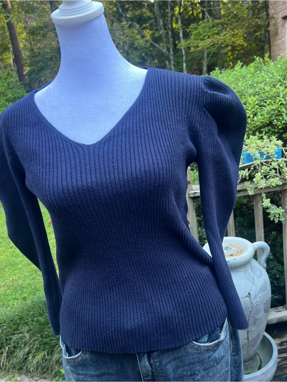 Zeagoo Navy Blue Stretchy Ribbed Knit Puff Sleeve Sweater Top Size L